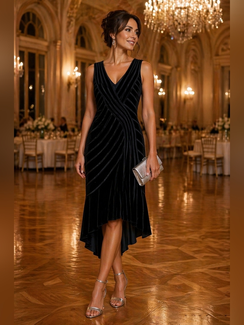 Vintage Tadashi Shoji Black Velvet High-Low V-Neck Dress